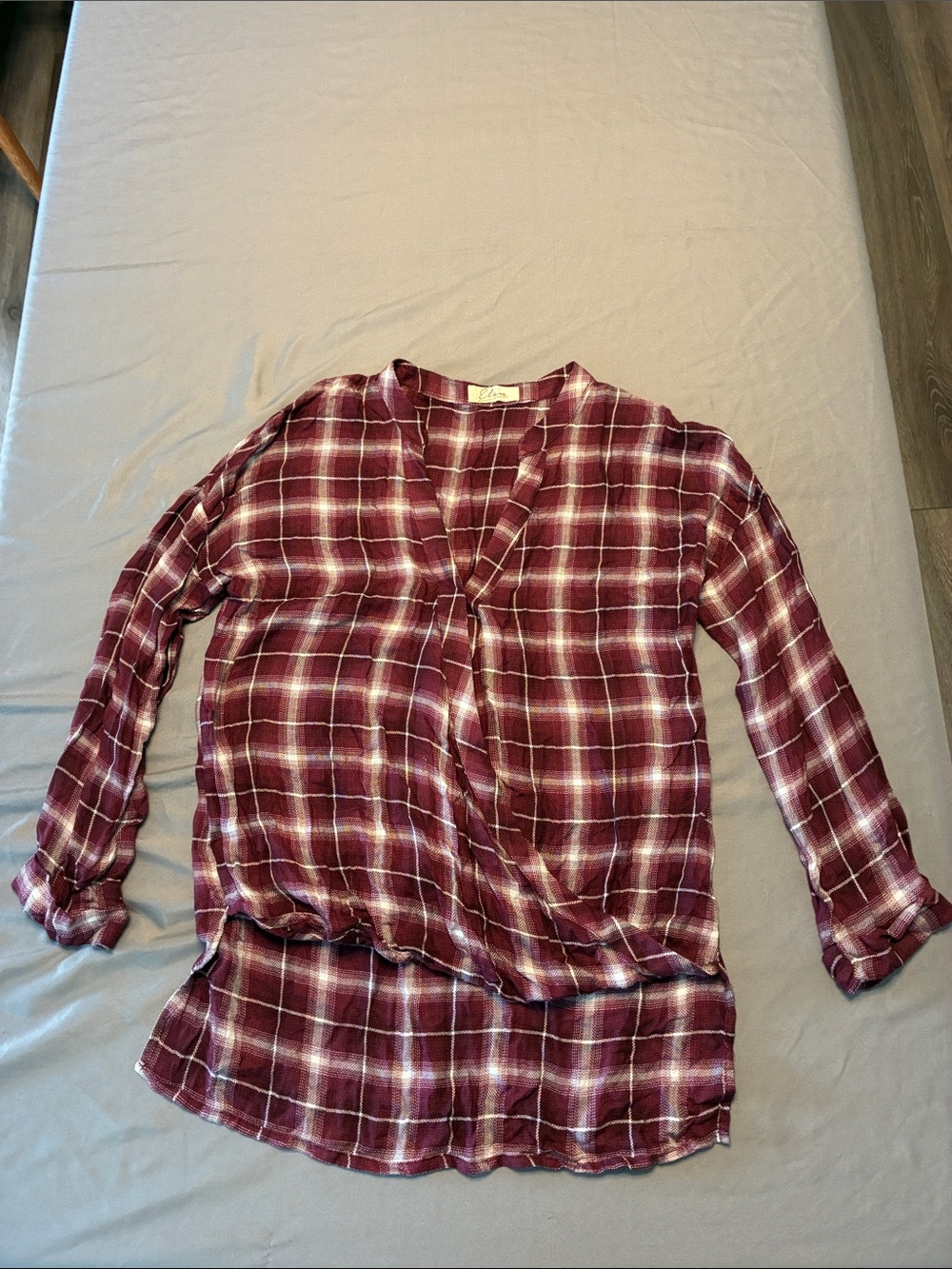 Elan Burgundy and White Plaid Faux-Wrap Tunic